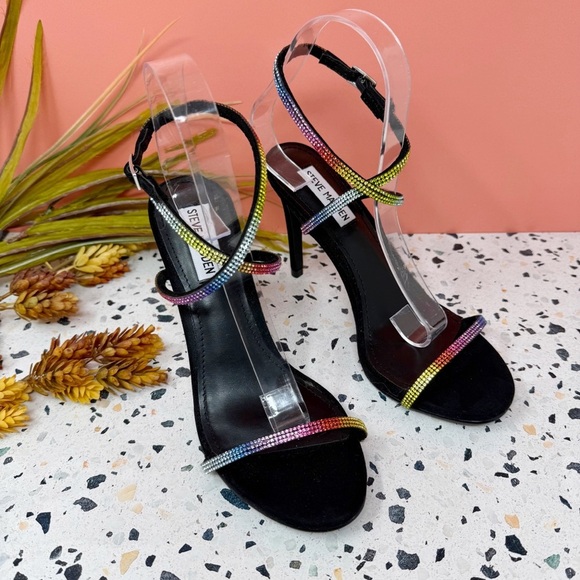 NEW Steve Madden Festive Rainbow Rhinestone Women’s Heeled Black Sandals Sz 8 - Picture 1 of 11